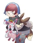  1girl backpack bag bangs blue_hair blush brown_bag closed_mouth commentary_request glasses grey_eyes grey_pantyhose highres holding holding_pokemon hood hoodie leaning_forward long_sleeves multicolored_hair pantyhose penny_(pokemon) poke_ball_print pokemon pokemon_(creature) pokemon_(game) pokemon_sv redhead round_eyewear sakurami_sumi see-through see-through_skirt simple_background skirt sleeves_past_wrists sylveon two-tone_hair white_background 
