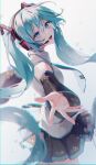  1girl absurdres aqua_hair bbony_0_0 black_skirt blue_eyes blue_trim grey_shirt hatsune_miku headphones highres looking_at_viewer microphone open_mouth outstretched_hand shirt skirt smile solo vocaloid white_background wrist_cuffs 