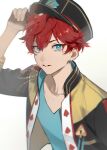 1boy adjusting_clothes adjusting_headwear amagi_hiiro bangs collarbone earrings ensemble_stars! eyokiki hair_between_eyes hand_on_headwear hat jewelry looking_at_viewer male_focus open_clothes open_mouth redhead short_hair simple_background single_earring sleeves_past_elbows white_background 