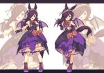  1girl :d animal_ears bangs bat_wings black_gloves black_hair black_skirt blush bow commentary_request fangs gloves guraasan hair_over_one_eye horse_ears horse_girl horse_tail letterboxed long_hair make_up_in_halloween!_(umamusume) multiple_views pleated_skirt puffy_short_sleeves puffy_sleeves purple_bow purple_footwear purple_wings rice_shower_(make_up_vampire!)_(umamusume) rice_shower_(umamusume) shirt shoes short_sleeves skirt smile standing standing_on_one_leg tail umamusume v-shaped_eyebrows very_long_hair violet_eyes white_background white_shirt wings zoom_layer 