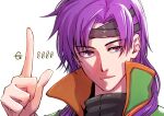  1boy aduti_momoyama black_headband closed_mouth eyes_visible_through_hair fire_emblem fire_emblem:_the_binding_blade hair_intakes hand_up headband high_collar highres hugh_(fire_emblem) index_finger_raised long_hair male_focus purple_hair simple_background smile solo solo_focus violet_eyes white_background 