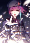  1girl belt cowboy_shot earrings gloves hat heaven_burns_red highres jewelry looking_at_viewer military military_hat military_uniform open_mouth petals purple_hair sai_gomi_79 short_hair solo tezuka_saki uniform white_belt white_gloves 