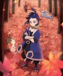 1boy adaman_(pokemon) autumn_leaves blue_coat blue_hair brown_eyes closed_mouth coat collar collarbone commentary_request crossed_arms day eyebrow_cut green_hair highres leafeon looking_at_viewer male_focus open_clothes open_coat outdoors p_0_a pokemon pokemon_(creature) pokemon_(game) pokemon_legends:_arceus ponytail signature smile standing tree umbreon vaporeon 