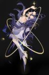  1girl absurdres arched_back arknights astesia_(arknights) astesia_(frlibre_on_the_palace)_(arknights) black_background blue_hair closed_eyes dress full_body hair_ornament high_heels highres latutou1 long_hair orbital_ring simple_background solo star_(symbol) white_dress 