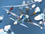  above_clouds aircraft airplane blurry blurry_background canards canopy_(aircraft) clouds flying hakutou no_humans ocean propeller sanka_(sky_crawlers) the_sky_crawlers vehicle_focus 
