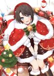  1girl absurdres adapted_costume bell beret black_hair blouse blue_eyes capelet christmas_tree from_above fur_trim hat high-waist_skirt highres hololive jingle_bell looking_at_viewer looking_up mashiro_io oozora_subaru open_mouth shirt short_hair sitting skirt smile solo virtual_youtuber 