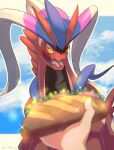  1other absurdres clouds commentary_request day food highres holding holding_food koraidon lettuce looking_down muraoka_tem notice_lines open_mouth outdoors pokemon pokemon_(creature) sandwich sky sparkle tongue yellow_eyes 