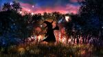  1girl absurdres alc.3vol clouds cloudy_sky commentary_request elaina_(majo_no_tabitabi) fairy field hand_up hat highres long_hair majo_no_tabitabi nature plant scenery sky solo standing sunset tree witch witch_hat 