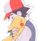 1boy ^_^ affectionate ash_ketchum bangs baseball_cap black_hair closed_eyes closed_mouth fingerless_gloves from_side gloves green_gloves hat holding holding_pokemon hug jacket male_focus oharu-chan pikachu pokemon pokemon_(anime) pokemon_(classic_anime) pokemon_(creature) red_headwear short_hair simple_background smile white_background 