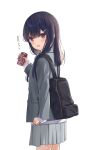 1girl :o arm_at_side backpack bag bangs black_bag black_hair blazer blush brown_eyes can commentary cowboy_shot from_side grey_jacket grey_skirt hair_ornament hairclip hand_up highres holding holding_can jacket long_hair long_sleeves looking_at_viewer na-ga open_mouth original school_uniform simple_background skirt sleeves_past_wrists solo standing translated white_background 