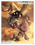  1boy 1girl autumn_leaves bangs black_mage blue_coat border bow coat eiko_carol falling_leaves final_fantasy final_fantasy_ix from_above full_body glowing glowing_eyes hair_bow hat holding_hands horns leaf long_sleeves open_mouth outdoors pointing purple_hair short_hair single_horn smile tree uboar vivi_ornitier white_border wizard_hat yellow_overalls 