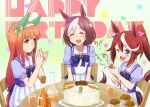  3girls ;d ^_^ animal_ears birthday blue_eyes bottle bow bowtie braid brown_hair cake carrot closed_eyes cup ear_covers ear_piercing english_commentary facing_another food hairband high_ponytail hime_cut holding_party_popper horse_ears horse_girl horseshoe_ornament long_hair looking_at_another muffin multicolored_hair multiple_girls one_eye_closed orange_hair party_popper piercing pleated_skirt puffy_short_sleeves puffy_sleeves purple_bow purple_bowtie purple_serafuku purple_shirt sailor_collar sailor_shirt school_uniform serafuku shirt short_hair short_sleeves silence_suzuka_(umamusume) sitting skirt smile special_week_(umamusume) streaked_hair tokai_teio_(umamusume) tracen_school_uniform two-tone_hair ugai_yuichi umamusume upper_body white_hair white_hairband white_skirt 