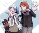  1boy 1girl alternate_costume aqua_hair bangs beanie black_jacket blue_background brown_coat brown_sweater closed_eyes closed_mouth coat cold fog frown hat houndoom hsngamess jacket kris_(pokemon) matching_outfit neck_warmer open_mouth pokemon pokemon_(creature) pokemon_(game) pokemon_gsc red_eyes redhead signature silver_(pokemon) standing sweater togetic trench_coat winter_clothes 