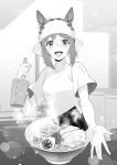  1girl absurdres animal_ears blush bowl breasts comiket_101 commentary_request fine_motion_(umamusume) food hair_between_eyes hair_ornament highres horse_ears horse_tail looking_at_viewer medium_breasts medium_hair monochrome noodles ramen solo sparkle steam sweat tail umamusume yamoge 