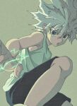  1boy bangs blank_eyes blue_eyes electricity enoki_(gongindon) expressionless fighting_stance highres hunter_x_hunter killua_zoldyck looking_at_viewer male_child male_focus short_hair shorts simple_background solo spiky_hair tank_top white_hair 