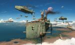  aircraft aoi_waffle cable clouds dieselpunk flag flying highres military military_vehicle moon no_humans ocean rusty_front science_fiction signature smoke vehicle_focus 
