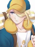  1boy blonde_hair clenched_hand collarbone commentary_request grey_eyes hair_over_one_eye hana_e_(ka_e0128) hand_up hat highres jumpsuit looking_to_the_side male_focus parted_lips pokemon pokemon_(game) pokemon_legends:_arceus signature simple_background solo strap upper_body volo_(pokemon) white_background yellow_headwear 