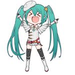  &gt;_&lt; absurdres akari_ga_yatte_kitazo_(vocaloid) arms_up belt blue_hair braid chibi collar fang full_body goodsmile_racing gyari_(imagesdawn)_(style) hair_ornament happy hat hatsune_miku highres necktie open_mouth outstretched_arms parody racing_miku racing_miku_(2023) rennkurusu simple_background skirt style_parody thigh-highs twintails vocaloid white_background 