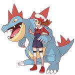  1girl blue_overalls bow brown_eyes brown_hair cabbie_hat closed_mouth feraligatr from_side hat hat_bow jaho long_hair lyra_(pokemon) overalls pokemon pokemon_(creature) pokemon_(game) pokemon_hgss red_bow red_footwear red_shirt shirt shoes smile standing thigh-highs twintails white_headwear white_thighhighs 
