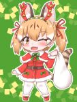  1girl animal_ear_fluff animal_ears brown_eyes brown_hair cat_ears cat_girl cat_tail christmas christmas_present extra_ears gift highres horns kemono_friends kemono_friends_v_project large-spotted_genet_(kemono_friends) long_hair looking_at_viewer mabuta_(mbt) multicolored_hair one_eye_closed open_mouth ribbon santa_costume simple_background solo tail twintails virtual_youtuber 