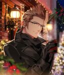  1boy artist_name black_gloves black_jacket black_scarf blurry blurry_background blurry_foreground brown_hair christmas cup final_fantasy final_fantasy_xv glasses gloves green_eyes hair_slicked_back hinoe_(dd_works) holding holding_cup ignis_scientia jacket lamp long_sleeves looking_at_viewer male_focus outdoors popped_collar scarf short_hair sideburns smile solo steam upper_body 