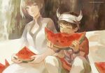  1boy 1girl bandages black_hair brown_eyes closed_eyes closed_mouth dress driftwoodwolf food fruit grey_hair horns ico ico_(character) open_mouth pointy_ears short_hair sitting smile tabard watermelon white_dress yorda 