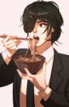  black_hair black_jacket black_necktie black_pants bowl chainsaw_man chopsticks collared_shirt eyepatch food formal highres himeno_(chainsaw_man) holding holding_bowl holding_chopsticks imminent_bite jacket looking_to_the_side moon_(mewnbyul) necktie noodles open_mouth pants shirt shirt_tucked_in short_hair simple_background solo suit suit_jacket white_background white_shirt 
