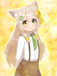  1girl absurdres ahoge animal_ear_fluff animal_ears arms_behind_back artist_name bangs blush bow brown_hair brown_skirt cat_ears cat_girl closed_mouth collared_shirt commentary_request fish_hair_ornament flat_chest green_eyes green_necktie hair_bow hair_ornament hairclip happy hazakura_hinata heterochromia highres long_hair long_sleeves looking_at_viewer necktie orange_background original pleated_skirt school_uniform shiny shiny_hair shirt shirt_tucked_in sidelocks signature skirt smile solo split_mouth standing suspender_skirt suspenders white_shirt yellow_bow yellow_eyes 
