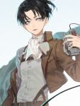  1boy ascot bangs black_hair blue_eyes brown_jacket chest_harness closed_mouth collared_shirt cropped_jacket eyokiki harness holding jacket levi_(shingeki_no_kyojin) long_sleeves looking_away male_focus off_shoulder open_clothes open_jacket parted_bangs shingeki_no_kyojin shirt short_hair three-dimensional_maneuver_gear white_ascot white_shirt 