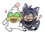  2boys :3 :d animal_ears bangs bkub_(vtuber) black-framed_eyewear black_bow blonde_hair blue_footwear blue_hair blue_shirt blue_shorts blue_tail bow bowtie buck_teeth closed_eyes commentary_request dancing dual_persona duckman facing_viewer fukuzawa_akane_(artist) glasses green_eyes hand_on_another&#039;s_arm indie_virtual_youtuber male_focus multicolored_hair multiple_boys musical_note no_pupils open_mouth original over-kneehighs round_eyewear school_uniform shirt short_eyebrows shorts simple_background single_wrist_cuff smile socks swept_bangs teeth thigh-highs upper_teeth_only virtual_youtuber voice_actor_connection white_background white_socks wrist_cuffs 