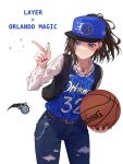  1girl ball bang_dream! baseball_cap basketball basketball_jersey belt black_vest blue_headwear blue_shirt brown_belt collared_shirt cosplay cowboy_shot denim earrings finger_gun hair_behind_ear hat highres holding holding_ball jeans jewelry leaning_to_the_side looking_at_viewer national_basketball_association necklace new_era orlando_magic pants ponytail red_nails shaquille_o&#039;neal shaquille_o&#039;neal_(cosplay) shirt smile solo vest wakana_rei white_background white_shirt yazawa_happyaro 