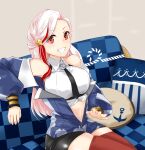  1girl black_necktie black_skirt blonde_hair blue_jacket breasts collared_shirt jacket kantai_collection lap_pillow_invitation large_breasts long_hair makinoki massachusetts_(kancolle) miniskirt multicolored_hair necktie red_eyes red_thighhighs redhead shirt sitting skirt sleeveless sleeveless_shirt smile solo streaked_hair thigh-highs white_shirt 