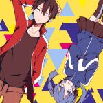  1boy 1girl :/ bangs black_eyes black_hair black_shirt black_skirt black_thighhighs blue_eyes blue_hair blue_jacket brown_pants closed_mouth collarbone colored_eyelashes ene_(kagerou_project) hair_between_eyes hand_in_pocket hand_on_own_head jacket kagerou_project kisaragi_shintarou long_sleeves looking_at_another mekakucity_actors moso4 multicolored_background open_clothes open_jacket pants pleated_skirt red_jacket rotational_symmetry shirt short_hair skirt sleeves_past_fingers sleeves_past_wrists t-shirt thigh-highs tongue tongue_out track_jacket triangle twintails two-tone_thighhighs upside-down very_long_sleeves wide-eyed yellow_background zipper 