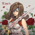 1girl bare_shoulders beatrix beatrix_(ff9) breasts brown_eyes brown_hair cleaver curly_hair eyepatch final_fantasy final_fantasy_ix fingerless_gloves flower gloves grey_background hair_over_one_eye holding holding_sword holding_weapon jacket medium_breasts medium_hair one_eye_closed red_flower red_rose rose sketch sleeveless sleeveless_jacket solo sword twitter_username uboar upper_body weapon white_jacket