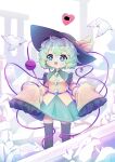  1girl :d absurdres aqua_eyes bangs bird black_headwear black_thighhighs bow breasts buttons diamond_button dove floppy_sleeves frilled_shirt_collar frilled_sleeves frills green_skirt happy hat hat_bow heart heart_of_string highres komeiji_koishi light_blush light_green_hair messy_hair mr.turtle_head ruins shirt short_hair skirt sleeves_past_fingers sleeves_past_wrists small_breasts smile solo standing thigh-highs third_eye touhou yellow_bow yellow_shirt 