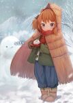  1girl artist_name blue_eyes blue_pants blush brown_hair closed_mouth commission full_body hachijou_(kancolle) kantai_collection mittens pants red_mittens red_scarf scarf short_hair signature skeb_commission smile snow snow_bunny snowman solo standing wss_(nicoseiga19993411) 