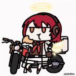  1girl animated_gif arknights chewing eating exusiai_(arknights) exusiai_(city_rider)_(arknights) halo hamburger motorcycle seseren 