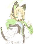  1girl abara_heiki animal_ear_headphones animal_ears bangs blonde_hair blue_archive bow cat_ear_headphones cat_tail fake_animal_ears green_eyes hair_bow headphones highres hood hooded_jacket jacket long_sleeves looking_at_viewer medium_hair midori_(blue_archive) open_clothes open_jacket simple_background solo tail upper_body white_background white_jacket wide_sleeves 