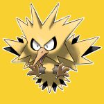  animal_focus bird black_eyes blacknirrow chibi claws commentary constricted_pupils english_commentary full_body highres no_humans open_mouth outline pokemon pokemon_(creature) solo tongue white_outline yellow_background yellow_theme zapdos 