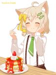  1girl :t ^_^ absurdres ahoge animal_ear_fluff animal_ears bangs blonde_hair blush bow brown_skirt buttons cat_ears cat_girl chewing closed_eyes closed_mouth collared_shirt commentary_request cream eating fish_hair_ornament food fork fruit green_necktie hair_bow hair_ornament hairclip hand_on_own_cheek hand_on_own_face hands_up happy hazakura_hinata highres holding holding_fork long_sleeves mint necktie original pancake pancake_stack plaid plaid_skirt plate raised_eyebrows school_uniform shiny shiny_hair shirt shirt_tucked_in short_hair sidelocks simple_background skirt smile solo split_mouth strawberry suspender_skirt suspenders syrup table white_background white_shirt yellow_bow 