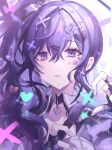  1girl asahina_mafuyu black_choker broken_heart_hair_ornament choker close-up commentary eyelashes gloves hair_ornament heart heart_hair heart_hands heart_hands_failure highres looking_at_viewer medium_hair parted_lips por_(_por_tt) profile project_sekai purple_hair purple_shirt purple_theme shirt side_ponytail solo symbol-only_commentary upper_body violet_eyes wavy_hair x_hair_ornament yami_kawaii 