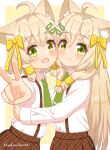  2girls absurdres ahoge animal_ear_fluff animal_ears arm_up bangs blonde_hair blush border bow brown_skirt cat_ears cat_girl cheek-to-cheek closed_mouth collared_shirt commentary_request fang fish_hair_ornament flat_chest from_side green_eyes green_necktie hair_bow hair_ornament hairclip happy hazakura_hinata heads_together heterochromia highres hug long_hair long_sleeves looking_at_viewer multiple_girls necktie open_mouth original outline outside_border outstretched_arm plaid plaid_skirt pleated_skirt school_uniform shiny shiny_hair shirt shirt_tucked_in short_hair siblings sidelocks simple_background sisters skin_fang skirt smile split_mouth standing suspender_skirt suspenders twins upper_body v white_border white_outline white_shirt yellow_background yellow_bow yellow_eyes 