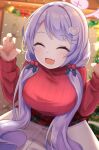 1girl :d ^_^ blue_archive blurry blurry_background blush breasts claw_pose closed_eyes commentary_request depth_of_field fang hair_ornament hair_over_shoulder hairclip hanae_(blue_archive) hands_up heart heart_hair_ornament highres indoors large_breasts leaning_forward long_hair low_twintails nenosame purple_hair red_sweater ribbed_sweater skirt smile solo sweater turtleneck turtleneck_sweater twintails very_long_hair white_skirt 