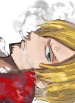  1boy a00xm blonde_hair blue_eyes cape cigarette curly_eyebrows facial_hair goatee hair_over_eyes highres looking_at_viewer one_piece red_cape sanji_(one_piece) shirt smoke smoking solo stubble white_background white_shirt 