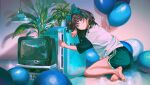  1girl absurdres balloon barefoot blue_eyes bow brown_hair closed_mouth hair_bow hayateluc highres long_hair looking_at_viewer mole mole_under_eye original plant potted_plant refrigerator short_shorts short_sleeves shorts soles television 