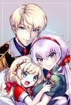  1boy 2girls axia-chan blonde_hair blue_eyes character_request epaulettes father_and_daughter grey_hair hair_ornament hair_ribbon hairband highres hug if_they_mated long_hair military military_uniform mother_and_daughter multiple_girls musical_note musical_note_hair_ornament necktie red_hairband red_necktie red_ribbon ribbon senki_zesshou_symphogear senki_zesshou_symphogear_xd_unlimited short_sleeves twintails twitter_username uniform violet_eyes yukine_chris 