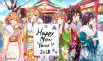  +_+ 2018 5girls alternate_costume animal_ears black_hair happy_birthday highres horse_ears horse_girl horse_tail japanese_clothes kimono long_hair looking_at_viewer looking_away matikanefukukitaru_(umamusume) mejiro_dober_(umamusume) multiple_girls official_art one_eye_closed orange_hair seeking_the_pearl_(umamusume) short_hair shrine silence_suzuka_(umamusume) taiki_shuttle_(umamusume) tail umamusume 