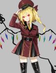  1girl adapted_costume aiguillette armband belt black_armband black_belt black_footwear black_skirt blonde_hair boots buttons cross flandre_scarlet flat_chest gem hair_ribbon hand_on_headwear hat highres holding holding_weapon inverted_cross jacket jewelry laevatein_(touhou) long_sleeves medium_hair military military_hat military_jacket military_uniform nanasuou necktie pleated_skirt ponytail red_eyes red_jacket red_ribbon ribbon shirt side_ponytail skirt smile touhou uniform vampire weapon white_shirt wings yellow_necktie 