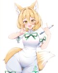  1girl :3 animal_ears blonde_hair breasts commentary_request corked_bottle cowboy_shot fox_ears fox_girl fox_shadow_puppet fox_tail green_ribbon holding holding_test_tube kudamaki_tsukasa mandarin_collar open_mouth puffy_short_sleeves puffy_sleeves ribbon romper rururiaru short_sleeves simple_background small_breasts solo tail test_tube touhou white_background white_romper yellow_eyes yellow_tail 