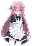  1girl absurdres alternate_costume apron bangs black_bow black_dress blue_eyes blush bocchi_the_rock! bow dress enmaided frilled_apron frilled_dress frills gotou_hitori hair_between_eyes highres long_hair looking_at_viewer maid maid_apron maid_headdress nose_blush one_side_up parted_lips pink_hair puffy_short_sleeves puffy_sleeves short_sleeves simple_background solo sweat thigh-highs tosyeo very_long_hair wavy_mouth white_apron white_background white_thighhighs wrist_cuffs 